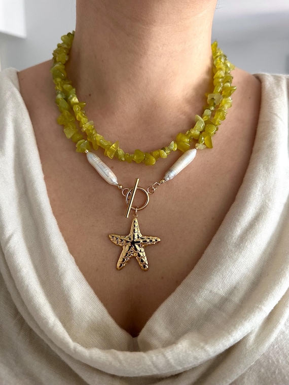 Olivine & Pearl Layered Necklace: Boho Starfish Pendant, Gold Plated