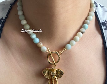 Larimar Gold Toggle Necklace with Elephant Pendant, Natural Gemstone Beaded Good Luck Necklace , Gift For Her ,Crystal Healing Necklace