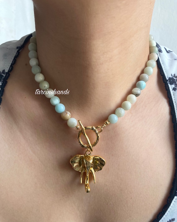 Larimar Beaded Necklace: Gold Elephant Toggle Clasp, Lucky Charm