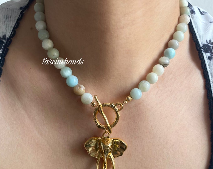 Larimar Gold Toggle Necklace with Elephant Pendant, Natural Gemstone Beaded Good Luck Necklace , Gift For Her ,Crystal Healing Necklace