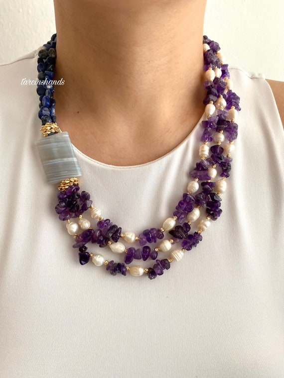 Amethyst Sodalite Pearl Multistrand Necklace: Gold-Plated Chalcedony Statement