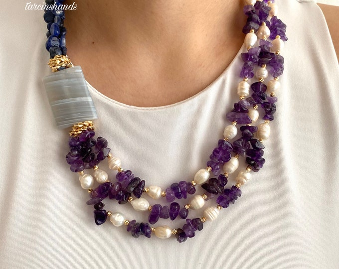 Multistrand Amethyst Sodalite Chalcedony Gold Filled Necklace with Freshwater Pearls , Layered Gemstone Statement Necklace , Gift For Mom