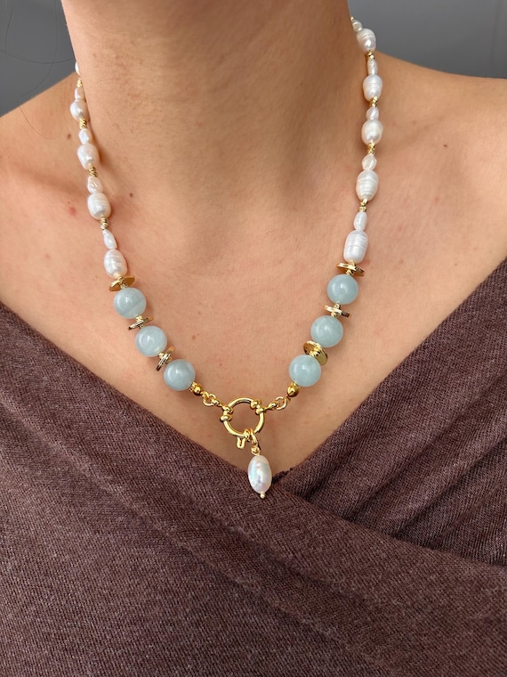 Aquamarine Freshwater Pearl Necklace, Gold Plated Toggle Clasp, Detachable Pendant