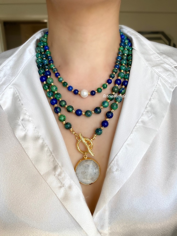 Azurite Multistrand Necklace: Gold Filled Toggle, Moonstone Pendant