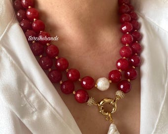 Red Agate Baroque Pearl Necklace: Gold-Plated Multistrand Statement Necklace Gift