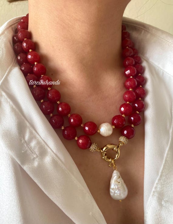Red Agate Baroque Pearl Necklace: Gold-Plated Multistrand Statement Necklace Gift