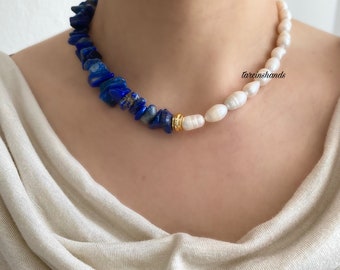 Half Blue Lapis Lazuli Half Freshwater Pearl Gold Plated Necklace or Choker - Top Quality Pearl, Anniversary Gifted  - Blue Gemstone Jewelry