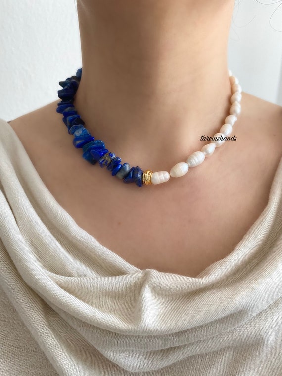 Lapis Lazuli & Freshwater Pearl Choker: Gold Plated Anniversary Necklace