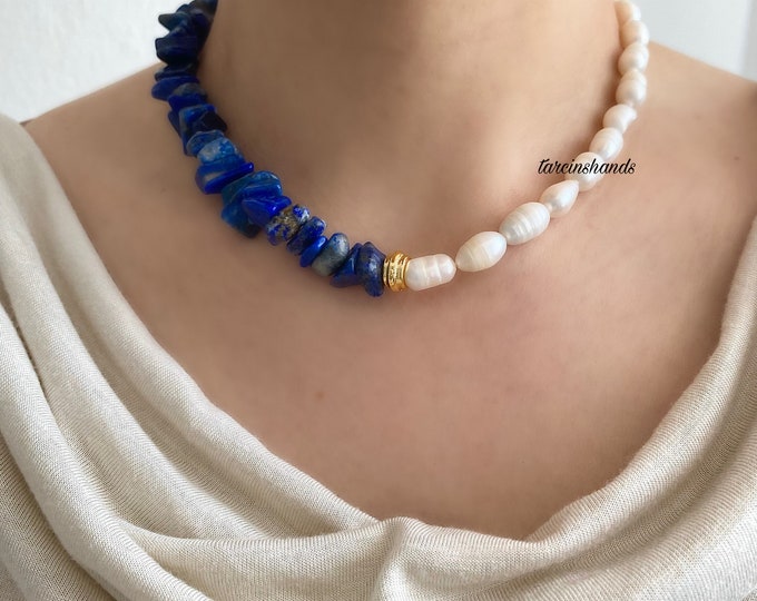 Half Blue Lapis Lazuli Half Freshwater Pearl Gold Plated Necklace or Choker - Top Quality Pearl, Anniversary Gifted  - Blue Gemstone Jewelry