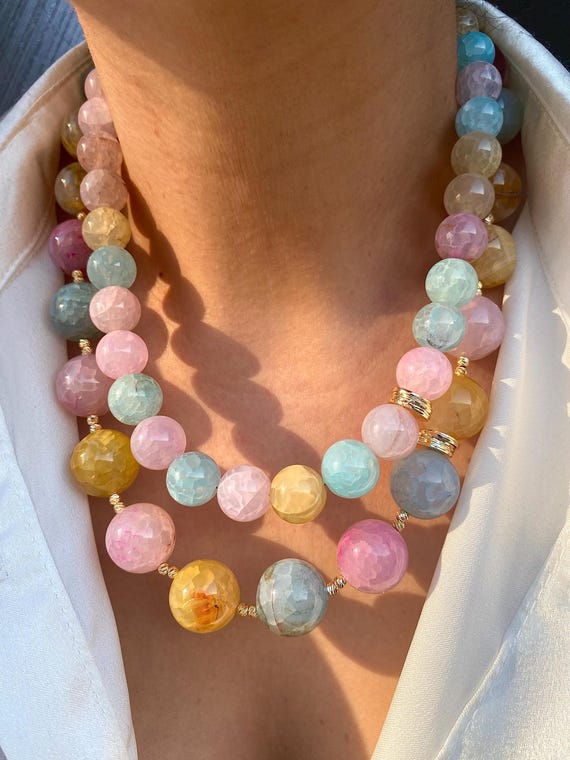 Pastel Agate Multistrand Necklace, Boho Statement Jewelry