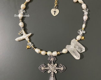 Raw clear quartz and baroque pearls gold and silver large rhinestone cross necklace , y2k mismatched beaded necklace , pearl jewelry