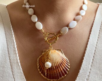 Mother of Pearl Necklace: Boho Seashell Pendant, Gold Toggle Clasp