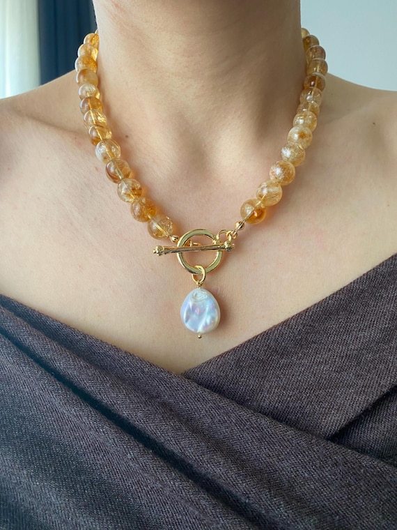Boho Statement Citrine Necklace, Gold Plated Toggle Clasp, Coin Pearl Pendant