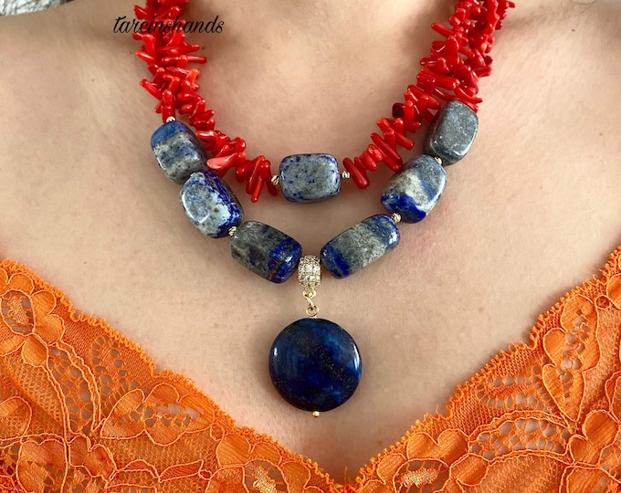 Red Coral and Lapis Lazuli Multistrand Necklace,Navy Blue Gemstone Necklace,Chunky Multistone Sunmer Women Necklace,Statement Coral Necklace