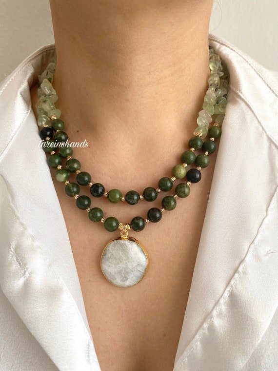 Multistrand Prehnite Jade Necklace with Moonstone Pendant