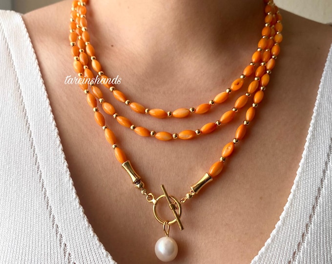 Mother of Pearl Necklace, Multistrand Orange Mother of Pearl Gold Toggle Necklace with Pearl Pendant, Orange Semi Precious Stone Necklace