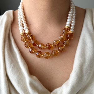 Citrine and Pearl Multistrand Necklace, Gold Plated Boho Statement Jewelry, November Birthstone Gift, Layered Abundance Crystal Choker