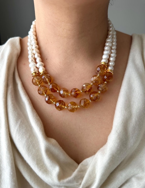 Citrine and Pearl Multistrand Necklace, Gold Plated Boho Statement Jewelry, November Birthstone Gift, Layered Abundance Crystal Choker