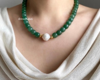 Aventurine Necklace with Baroque Pearl - Gold-Filled Bohemian Elegance