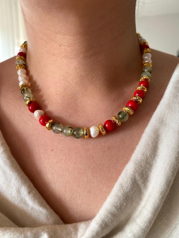 Red Coral, Prehnite & Pearl Necklace: Gold-Plated Lava Stone Boho Jewelry