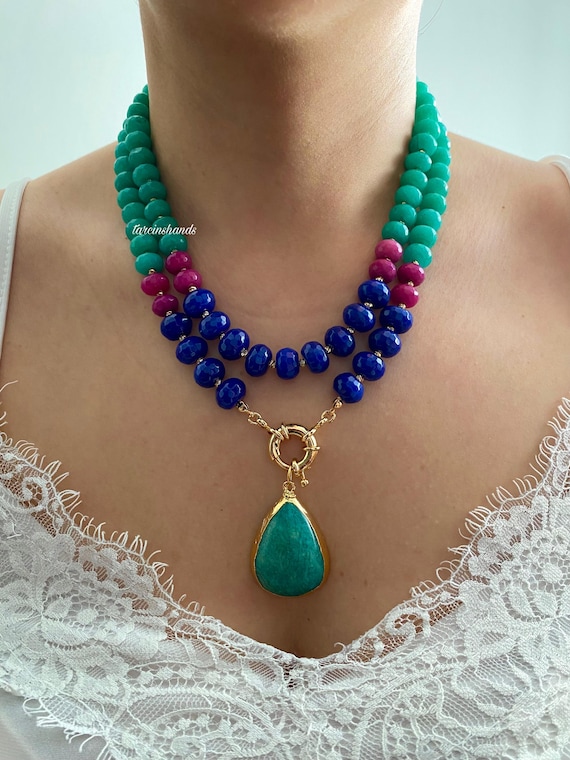 Handcrafted Agate Multistrand Necklace: Amazonite Pendant, Gold Filled