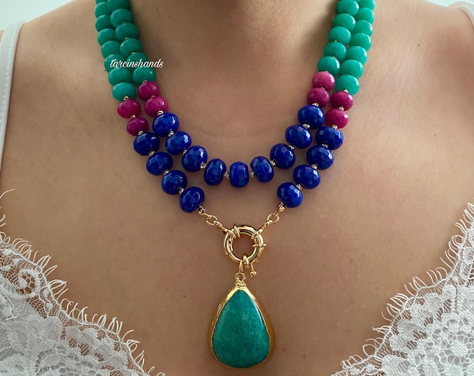 Blue-Purple Agate Multistrand Gold Filled Necklace with Amazonite Pendant,Chunky Colorful Semi Precious Stone Necklace,Necklace For Summer