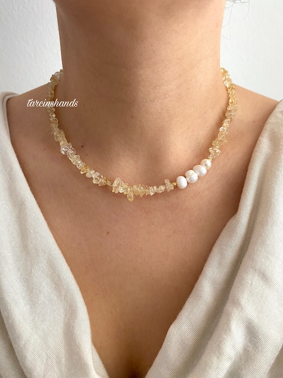 Citrine & Freshwater Pearl Gold Filled Necklace: Dainty Beaded Jewelry
