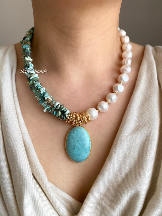 Turquoise & Baroque Pearl Necklace: Gold-Plated Gemstone Pendant