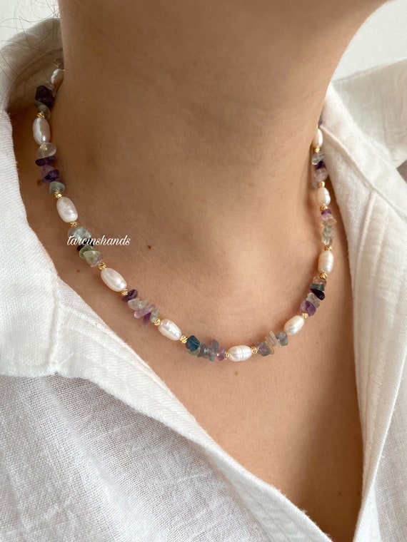 Handmade Gold Filled Fluorite Pearl Necklace: Minimalist Choker