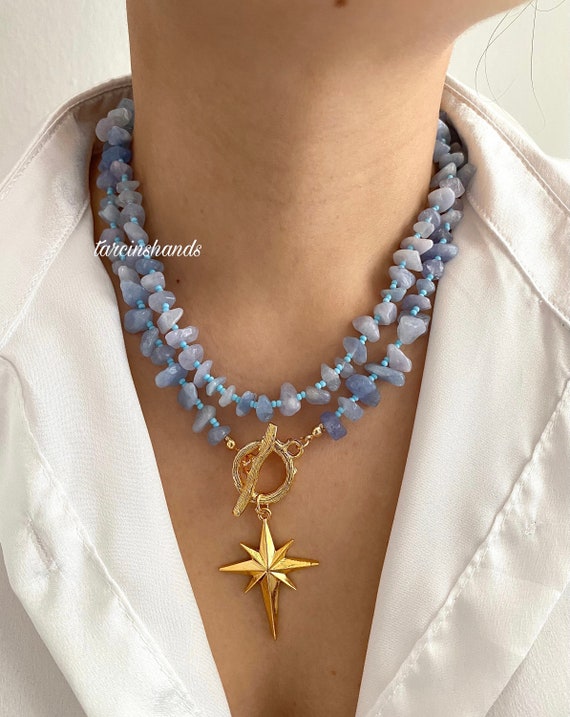 Aquamarine Beaded Necklace: Gold North Star Pendant, Gemstone Choker