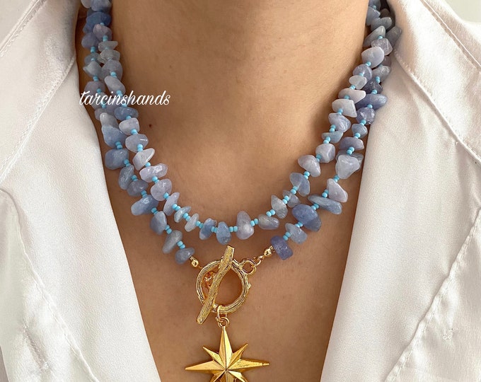 Aquamarine beaded gold toggle necklace with north star pendant, Multistrand Aqumarine Necklace , Blue Gemstone Necklace For Women,Gift Idea