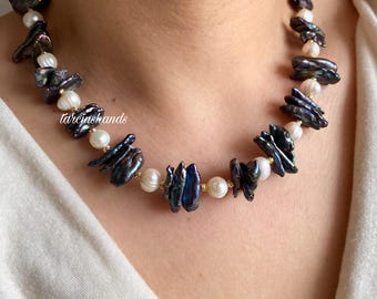 Natural Black Fireball Pearl Gold Filled Necklace,Irregular Shaped Pearl,Free Size Genuine Pearl Chunky Necklace,Statement Black White Pearl