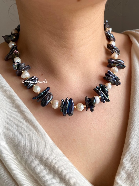 Black Fireball Pearl Necklace: Gold-Plated Boho Freshwater Pearl Statement
