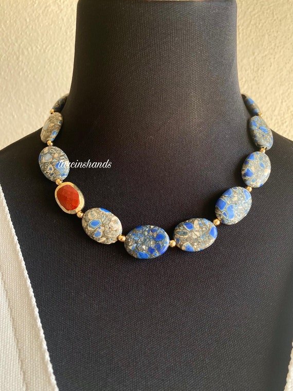 Gold-Plated Lapis Lazuli Necklace with Red Jasper Accent