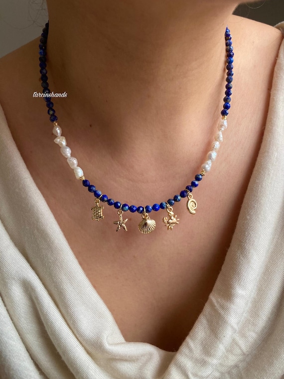 Lapis Lazuli & Pearl Necklace with Gold Sea Charms