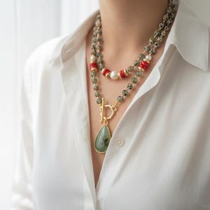 Prehnite Dalmatian Jasper Necklace, Red Coral & Pearl Layered Set, Gold Plated Toggle Clasp Statement Jewelry, Bohemian Chic Multistrand
