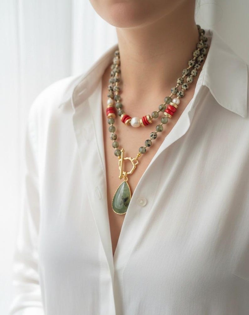 Prehnite Dalmatian Jasper Necklace, Red Coral & Pearl Layered Set, Gold Plated Toggle Clasp Statement Jewelry, Bohemian Chic Multistrand