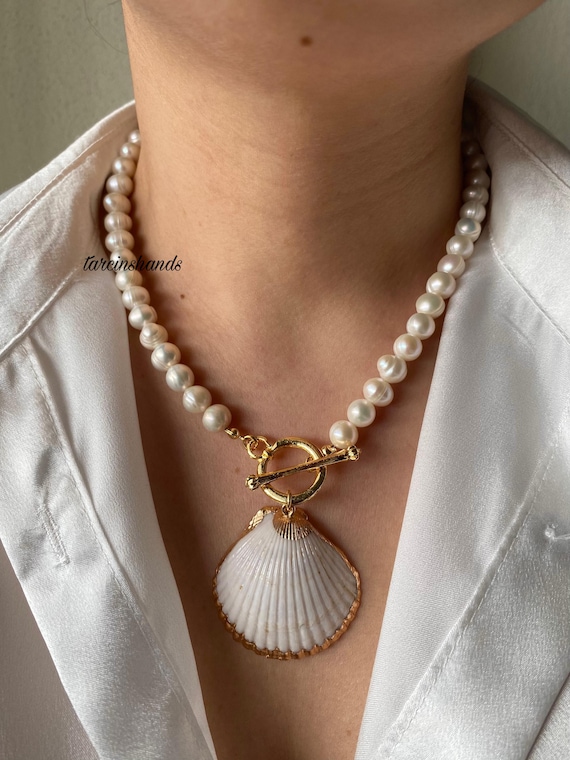 Freshwater Pearl Necklace: Gold Toggle, Natural Seashell Pendant