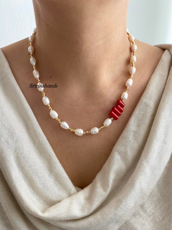 Freshwater Pearl & Red Coral Necklace: Gold-Plated Dainty Jewelry