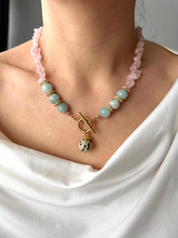 Boho Statement Necklace, Aquamarine Rose Quartz Dalmatian Jasper Pendant, Gold Plated Clasp