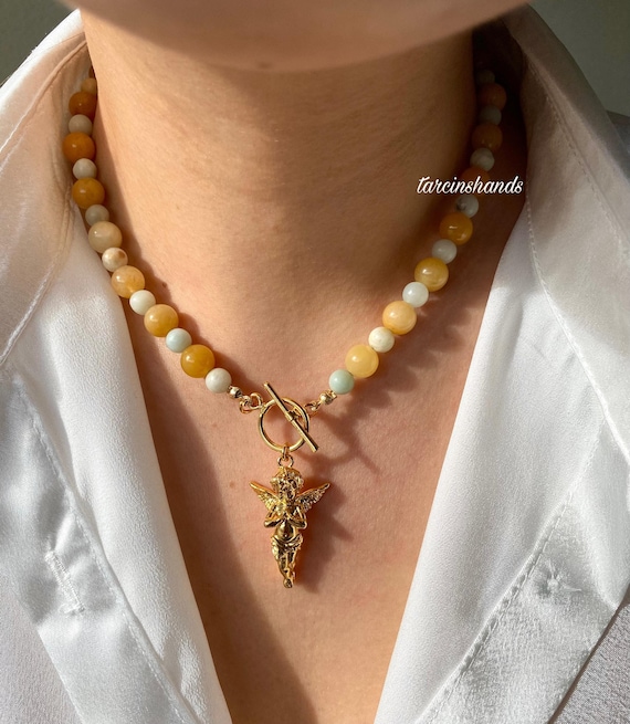 Amazonite Orange Aventurine Necklace: Gold Angel Pendant, Toggle Clasp