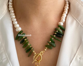 Jade & Freshwater Pearl Necklace: Gold Filled T Bar Clasp, Baroque Pearl Pendant