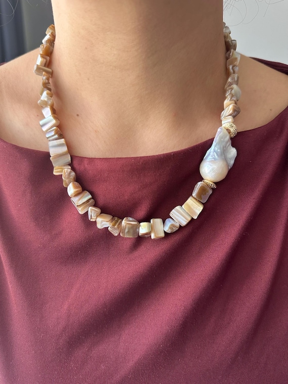 Baroque Pearl  Mother of Pearl Necklace: Gold Plated Boho Chic For Gift