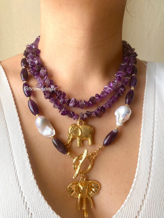 Amethyst Baroque Pearl Necklace: Gold Elephant Charm Boho Jewelry