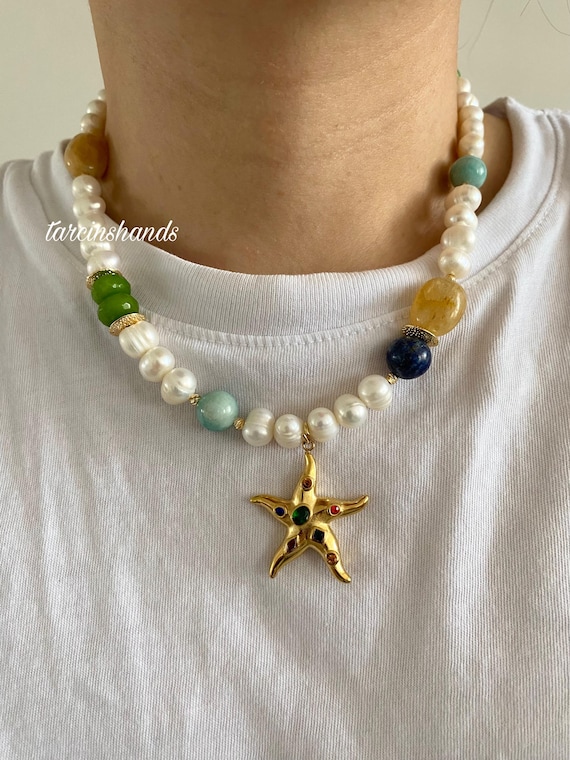 Freshwater Pearl Necklace, Gemstone Starfish Pendant, Boho Chic