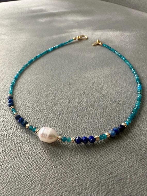 Apatite Lapis Lazuli Pearl Gold Filled Necklace, Tiny Blue Boho Choker