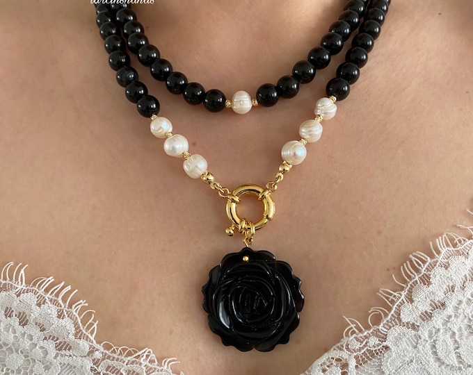 Obsidian and Natural Pearl Necklace,Black Gemstone Beaded Layered Necklace,Statement Semi Precious Stone Necklace For Women