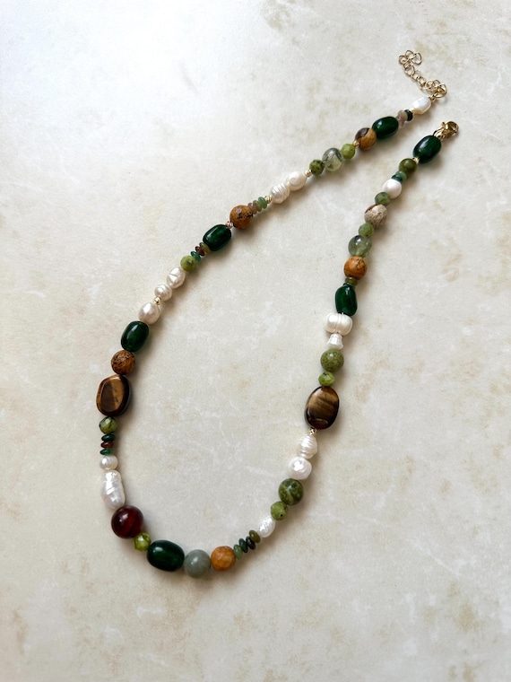 Earthy Gemstone Pearl Necklace: Gold-Plated Bohemian Jewelry
