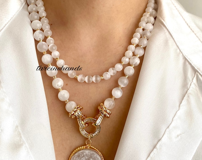 Multistrand Selenite Gold Necklace , Beaded Selenite Necklace , White Gemstone Necklace , Statement White Necklace , Gift For Women Birthday
