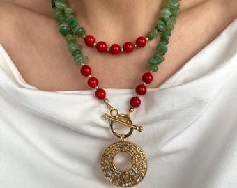 Aventurine Red Coral Gold Filled Toggle Necklace,Modern Gemstone Jewelry,Gift For Women